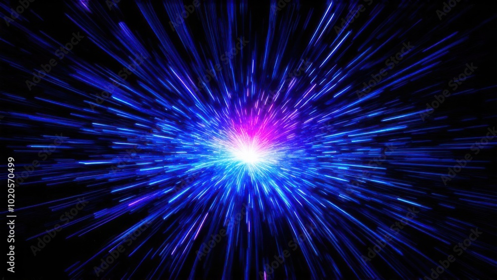 Abstract background in blue and purple neon glow colors on black. Speed of light in galaxy. Explosion in universe. Cosmic background for event, party, carnival, celebration, anniversary or other Abstract background in blue and purple neon glow colors on black. Speed of light in galaxy. Explosion in universe. Cosmic background for event, party, carnival, celebration, anniversary or other
