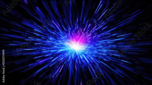 Abstract background in blue and purple neon glow colors on black. Speed of light in galaxy. Explosion in universe. Cosmic background for event, party, carnival, celebration, anniversary or other