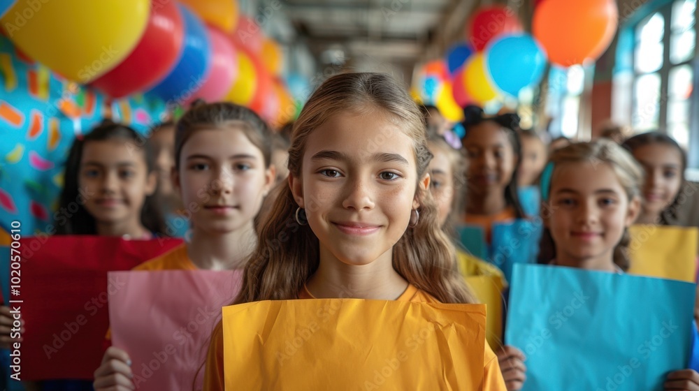 Many children holding up colorful paper signs in a room, school , education Many children holding up colorful paper signs in a room, school , education