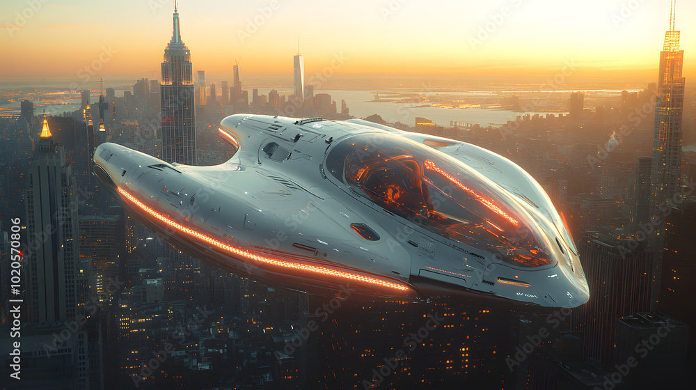 A sleek futuristic air vehicle soaring above the city.
A sleek futuristic air vehicle soaring above the city.