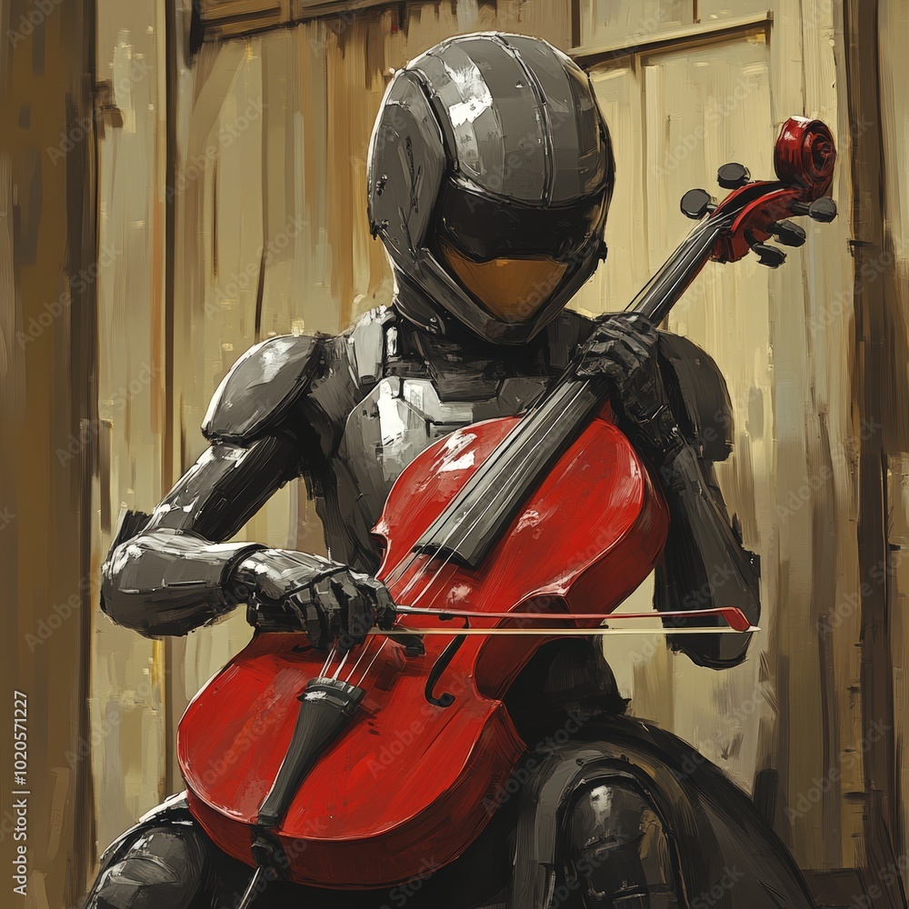 A futuristic robot playing a red cello in a rustic wooden setting during twilight hours A futuristic robot playing a red cello in a rustic wooden setting during twilight hours