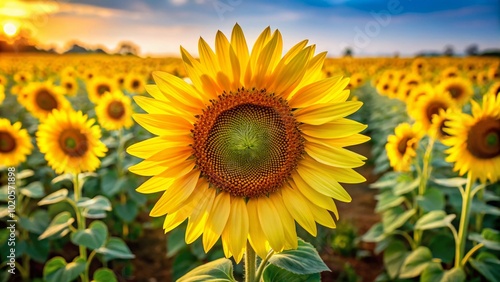 A sea of radiant yellow sunflowers fills the field, while one standout bloom in the foreground lures the