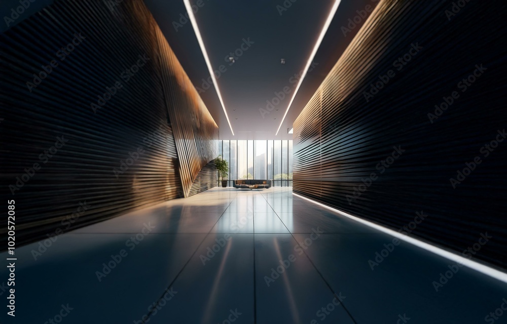 A modern hallway with dark wood paneling and a single, sleek sofa in the center. A modern hallway with dark wood paneling and a single, sleek sofa in the center.