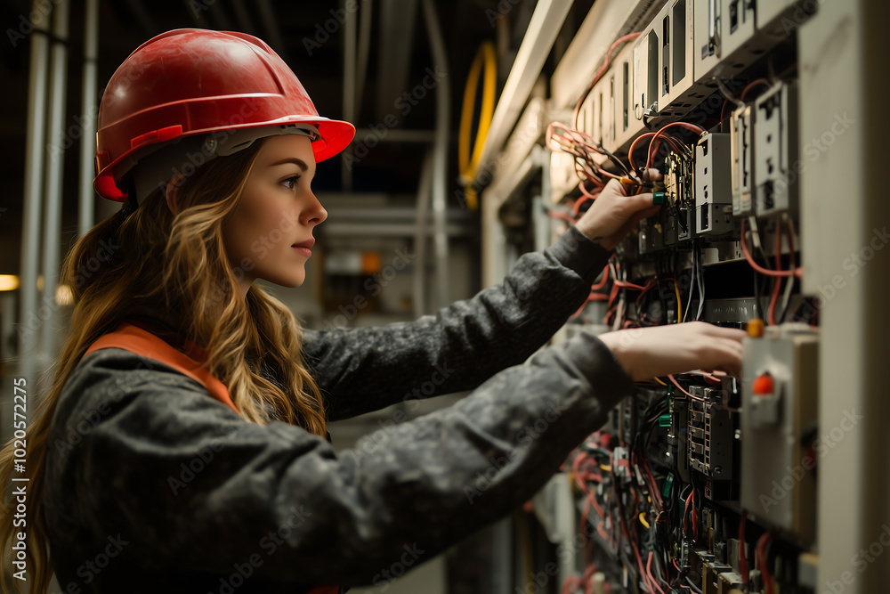 Female Electrician Adjusting Wires in a Control Panel at an Industrial Facility Female Electrician Adjusting Wires in a Control Panel at an Industrial Facility