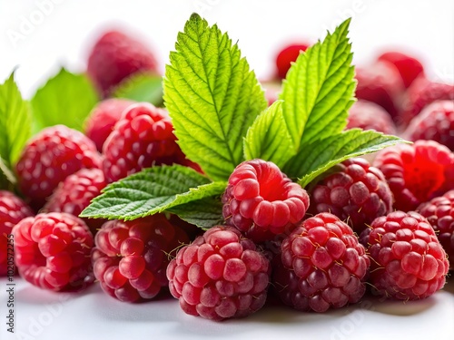 Bright, plump raspberries displayed on a clean white background, highlighting their vivid hue and organic essence, ideal for health-conscious culinary creations.