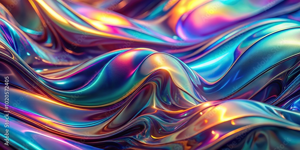 fluid abstract metallic holographic colored background with reflective surface