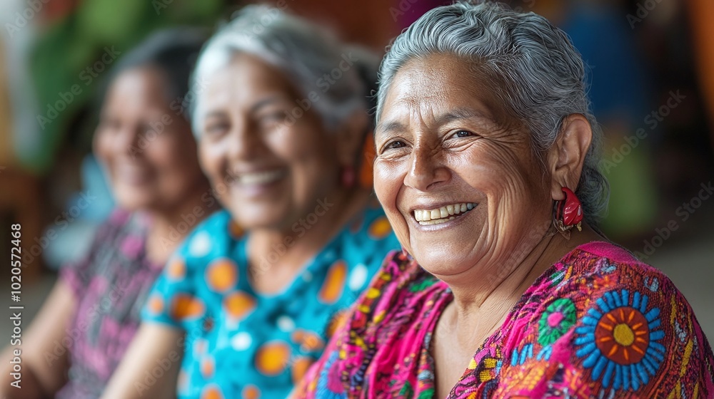 Obraz premium group of smiling Latin-American indigenous mature women, sharing laughter and positive energy in a vibrant gathering, embracing cultural unity and joyful connection with each other