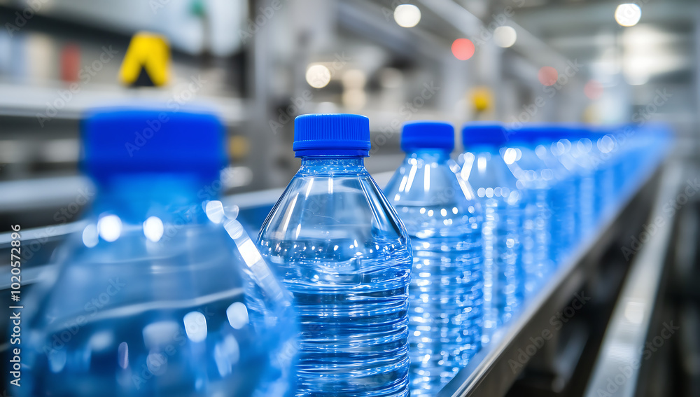 Water Bottles on a Conveyor Belt in a Modern Bottling Facility Water Bottles on a Conveyor Belt in a Modern Bottling Facility