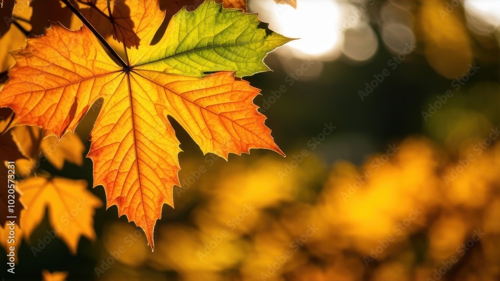 Closeup of autumn leaves in shades of orange and green illuminated by sunlight showcasing the beauty of fall seasonal Closeup of autumn leaves in shades of orange and green illuminated by sunlight showcasing the beauty of fall seasonal