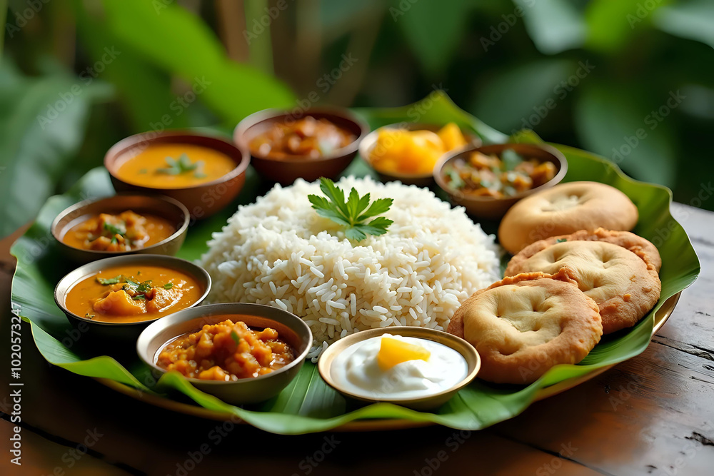 Indian thali with rice, various curries, chutneys, yogurt, and bread served on a banana leaf Indian thali with rice, various curries, chutneys, yogurt, and bread served on a banana leaf