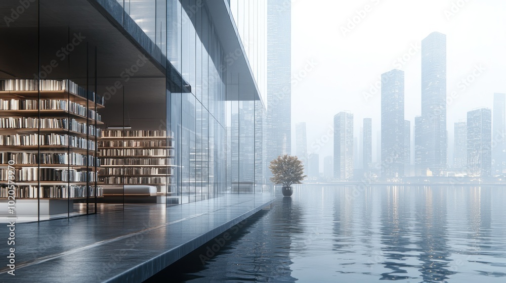 Obraz premium Modern Library Overlooking Cityscape with a Water Feature