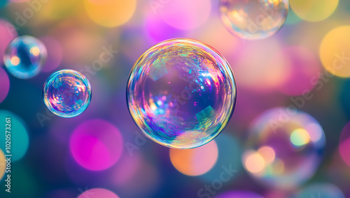 Colorful Bubbles Floating in a Bokeh Background with Vibrant Light Reflections