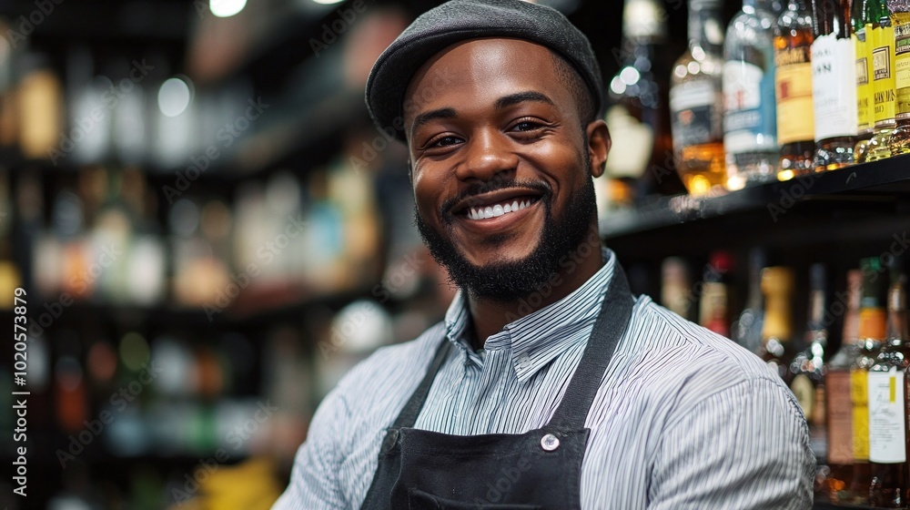 liquor store worker smiling while posing for the camera, confident and friendly employee providing excellent customer service in a retail setting, shop attendant in a beverage store liquor store worker smiling while posing for the camera, confident and friendly employee providing excellent customer service in a retail setting, shop attendant in a beverage store