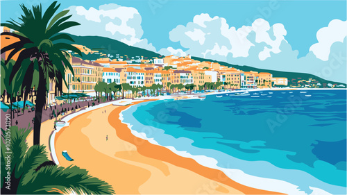 French Riviera Delight Capturing the Vivid Beachfront of Nice in Vector Art.eps