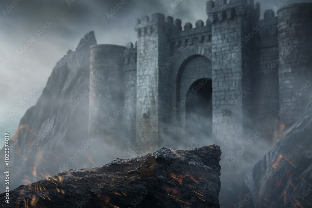 Fototapeta premium A Majestic Fortress, Crafted from Timeworn Stone, Stands Tall on a Craggy Cliff, Enveloped in Mysterious Mist, With Its Dark Towers Overlooking an Eerie, Fog-Laden Landscape Below.