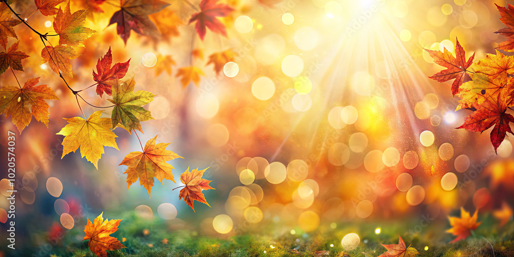 Golden and red leaves hang from branches as warm sunlight filters through, casting a beautiful glow on the forest floor covered in vibrant foliage Golden and red leaves hang from branches as warm sunlight filters through, casting a beautiful glow on the forest floor covered in vibrant foliage