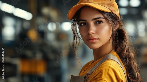 professional woman factory worker smiling and looking at the camera, posing confidently on the factory floor, skilled and determined worker in the manufacturing industry, industrial background