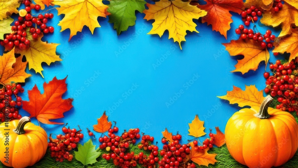 autumn frame, a lot of bright fallen leaves, ripe pumpkins and rowan berries in border with a empty center. colorful vector illustration on an autumn theme autumn frame, a lot of bright fallen leaves, ripe pumpkins and rowan berries in border with a empty center. colorful vector illustration on an autumn theme