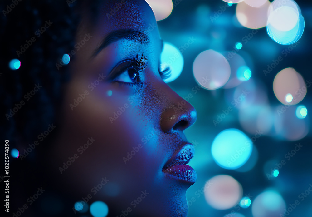 Beautiful Woman in Blue Light Gazing at Abstract Bokeh Lights in the Background Beautiful Woman in Blue Light Gazing at Abstract Bokeh Lights in the Background