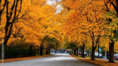 An autumn scene with yellow leaves on trees and street