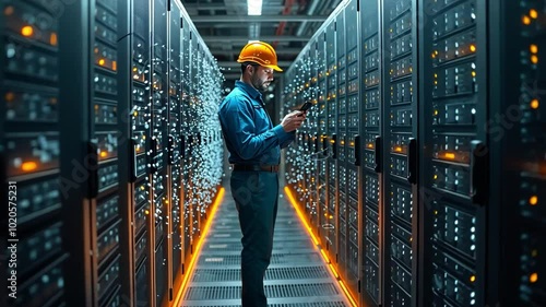 An engineer wearing a safety helmet is monitoring his phone in a busy data center filled with servers, showcasing the technology environment.