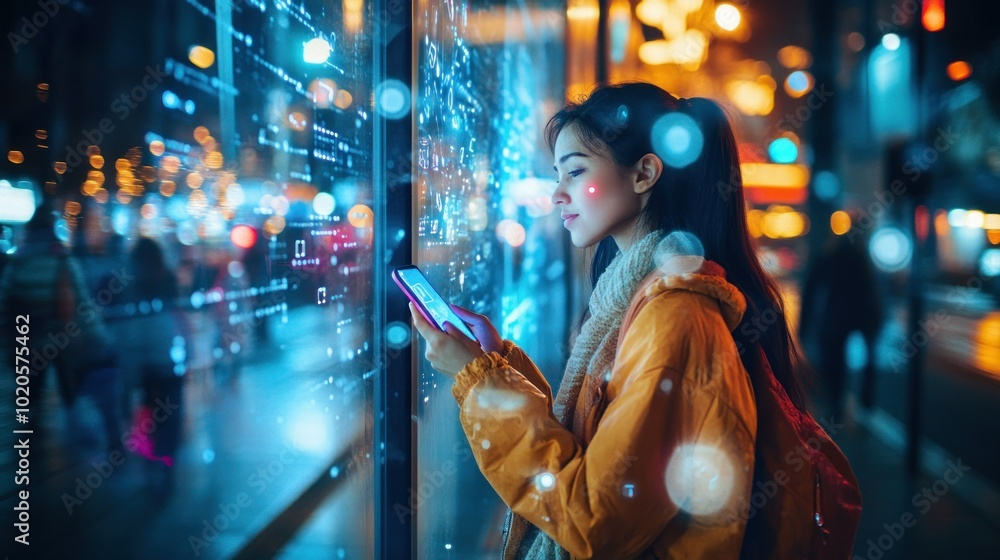 Woman Using Smartphone in Neon-Lit City at Night Woman Using Smartphone in Neon-Lit City at Night