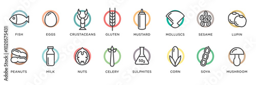 Food allergy icons. Basic allergens and diet line icons vector set. Isolated on white background