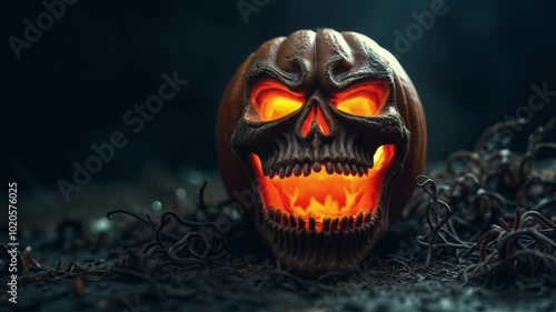 Sinister skull in the shape of a Halloween pumpkin