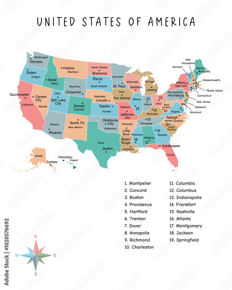 United States of America map with names of states and cities and infographic of provinces, political maps of United States of America - Vector File United States of America map with names of states and cities and infographic of provinces, political maps of United States of America - Vector File