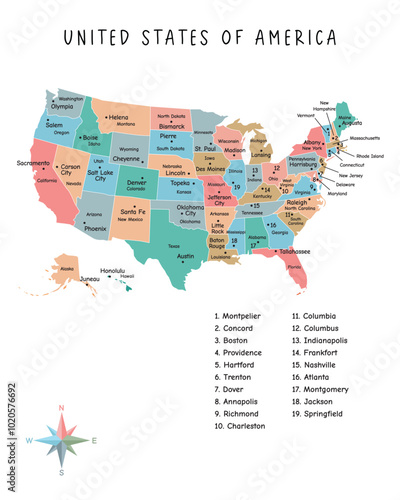 United States of America map with names of states and cities and infographic of provinces, political maps of United States of America - Vector File