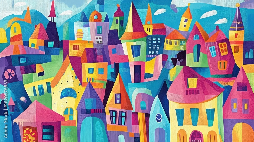 Naklejka premium A vibrant cityscape of abstract geometric shapes, with colorful buildings, houses, and town structures drawn in a playful, cartoon art style, creating a whimsical landscape