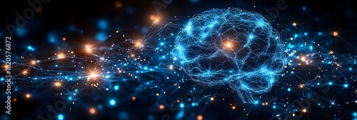 Glowing neural network and futuristic brain connections representing intelligence,digital technology,and cognitive processing concepts. Abstract visualization of neural pathways,synaptic activity. photo