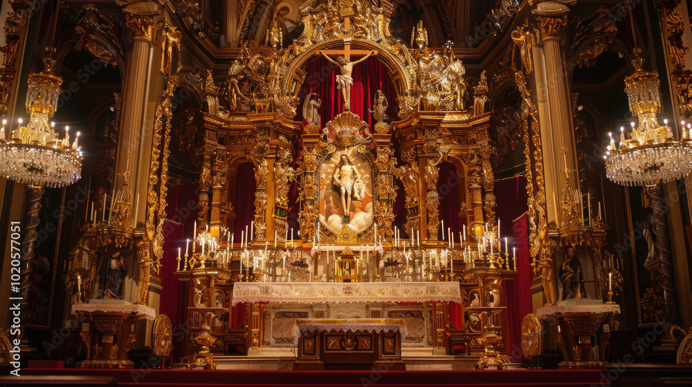 Ornate Baroque Church Altar with Golden Decorations and Religious Statues Illuminated by Chandeliers Ornate Baroque Church Altar with Golden Decorations and Religious Statues Illuminated by Chandeliers
