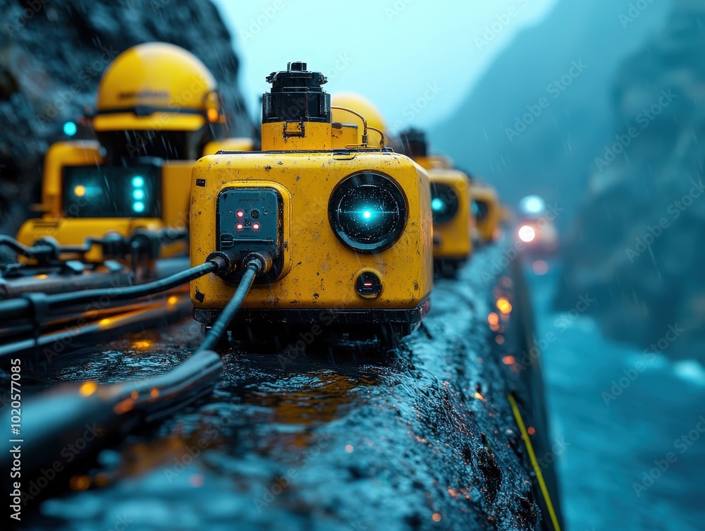 Sophisticated high-tech equipment deployed to scrutinize a submerged environment. Bright yellow devices gleam on slick surfaces against a moody, overcast backdrop. Sophisticated high-tech equipment deployed to scrutinize a submerged environment. Bright yellow devices gleam on slick surfaces against a moody, overcast backdrop.