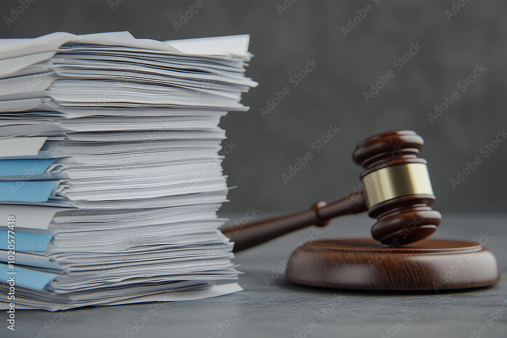 Gavel and a Stack of Legal Documents on a Desk Representing Court Cases and Law Gavel and a Stack of Legal Documents on a Desk Representing Court Cases and Law