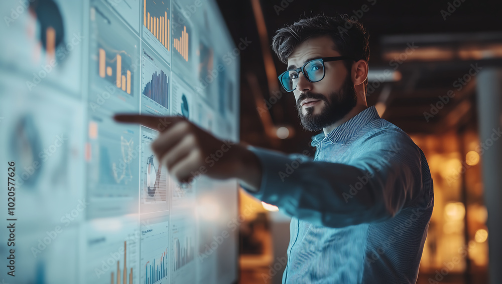 Business Analyst Presenting Data on a Large Screen in a Modern Office Environment Business Analyst Presenting Data on a Large Screen in a Modern Office Environment