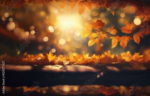 Golden autumn leaves fall around a wooden surface with a sunlit bokeh background.