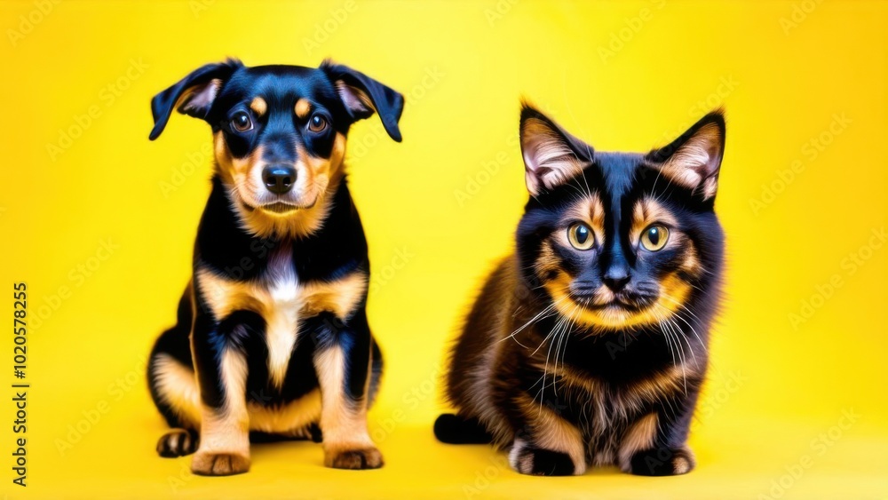 Black and brown dog and cat portrait together on yellow background isolated Black and brown dog and cat portrait together on yellow background isolated