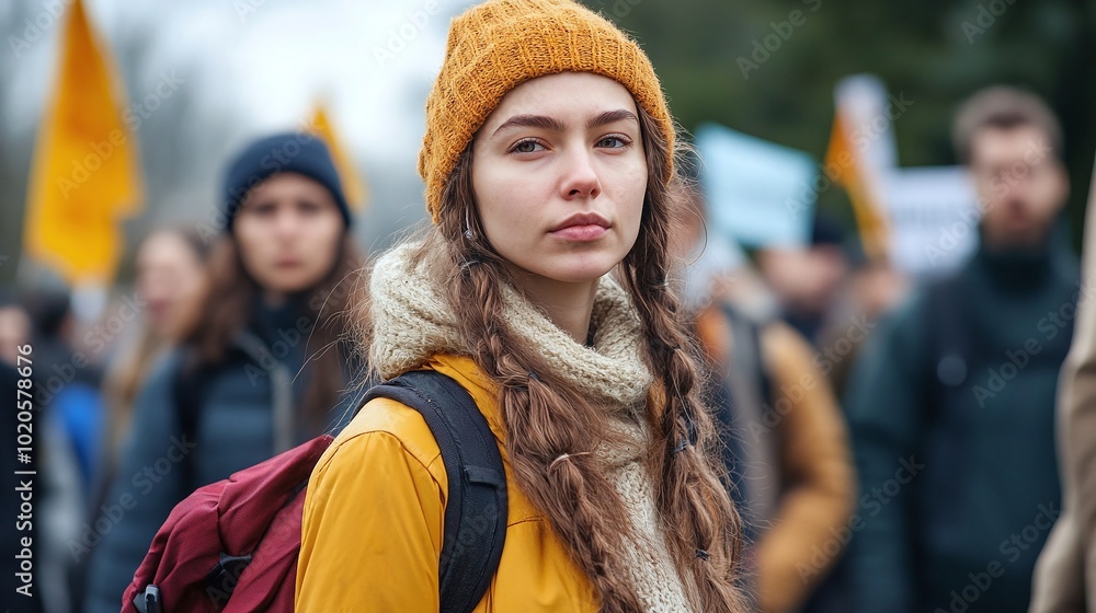 female activist with serious expression during an outdoor protest, group of passionate demonstrators in the background, united for change and equality, social justice and peaceful activism female activist with serious expression during an outdoor protest, group of passionate demonstrators in the background, united for change and equality, social justice and peaceful activism