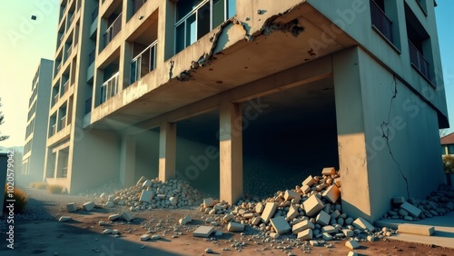 A haunting image of an abandoned urban complex, featuring a long row of dilapidated concrete buildings with uniform windows. The foreground is littered with rubble and debris, creating a stark contras photo