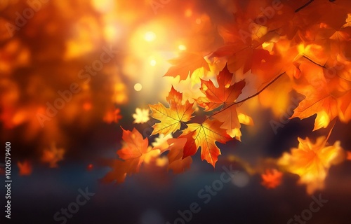 Autumn leaves in shades of red and yellow, illuminated by a warm glow.