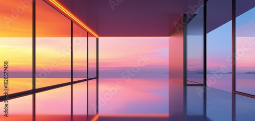 Futuristic living room with floor-to-ceiling glass walls, glowing neon accents, and a stunning sunset view, perfect for real estate marketing, modern interior designs, or tech-inspired spaces