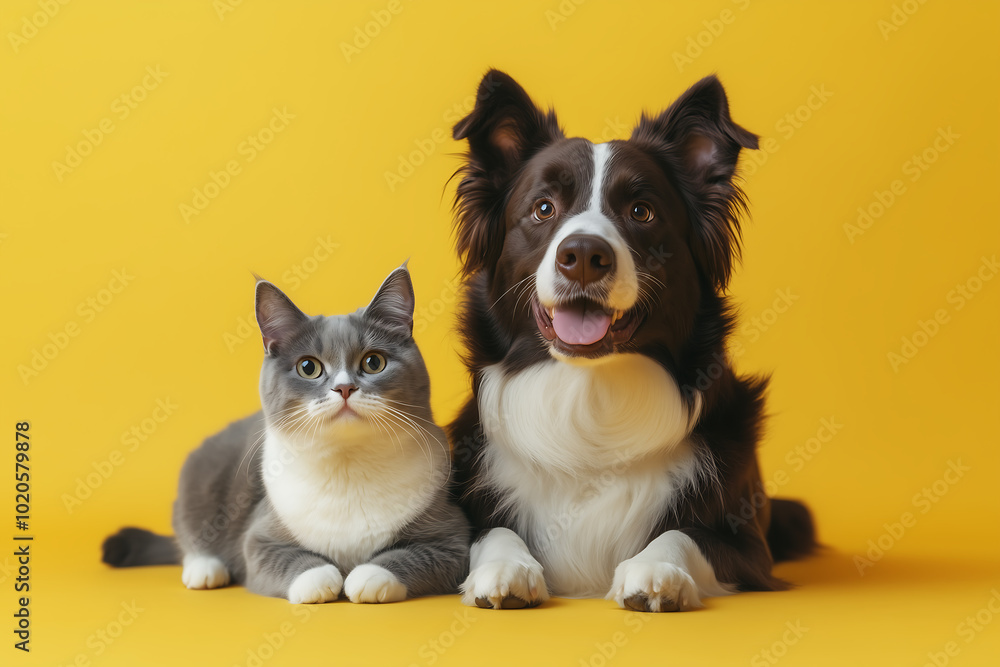 Portrait of a Cute Cat and Dog Sitting Together Against a Bright Yellow Background, Highlighting Pet Friendship Portrait of a Cute Cat and Dog Sitting Together Against a Bright Yellow Background, Highlighting Pet Friendship