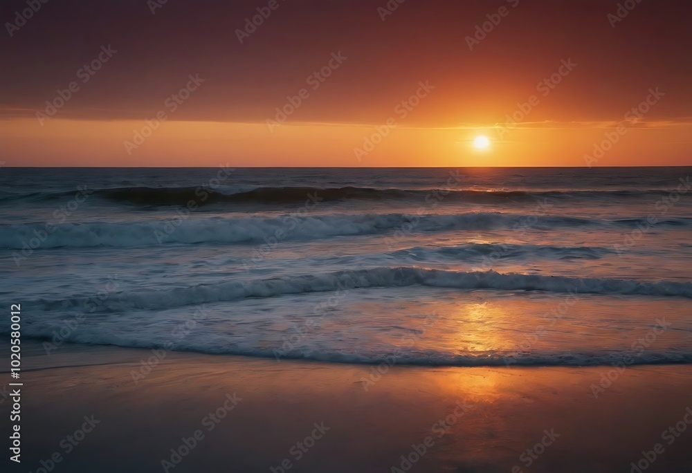 A vibrant sunset paints the sky orange over a calm ocean. A vibrant sunset paints the sky orange over a calm ocean.
