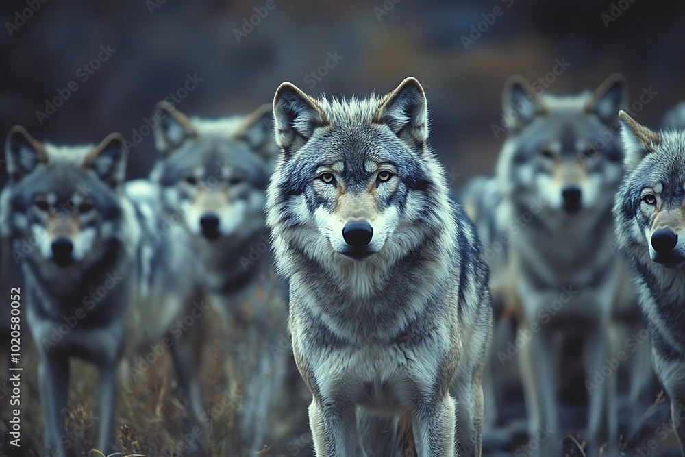 A pack of wolves standing together in a natural setting, showcasing their strength and unity. A pack of wolves standing together in a natural setting, showcasing their strength and unity.