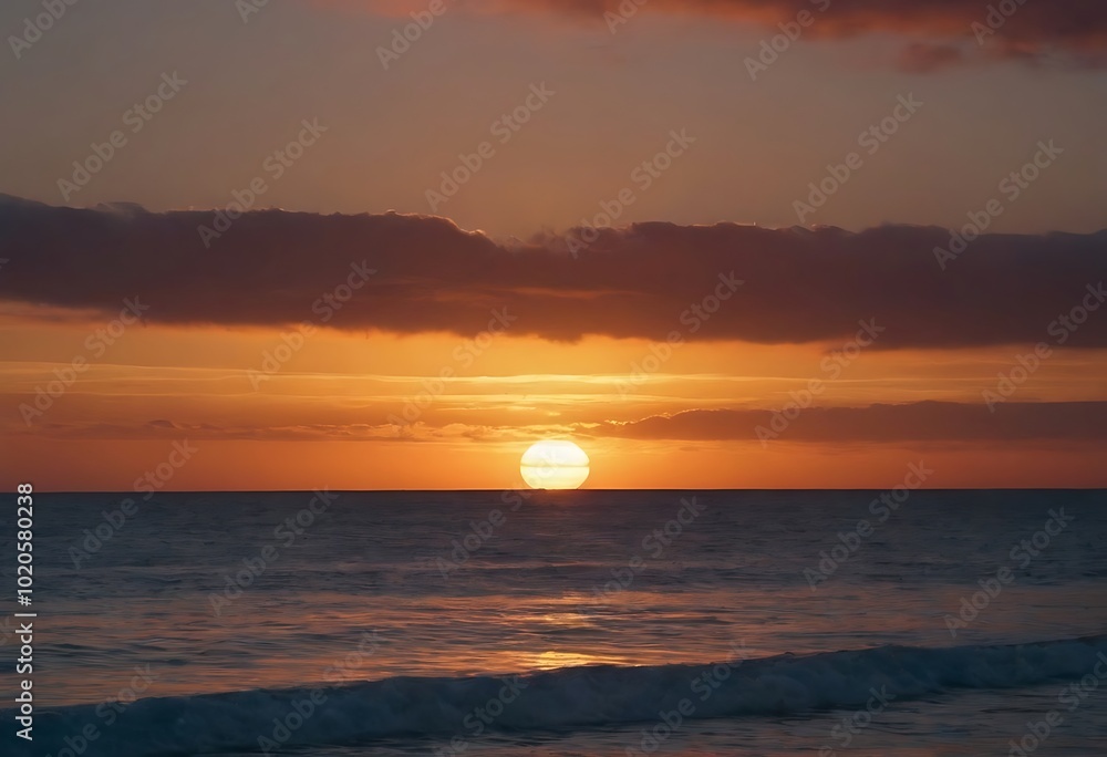 A vibrant sunset paints the sky orange over a calm ocean. A vibrant sunset paints the sky orange over a calm ocean.