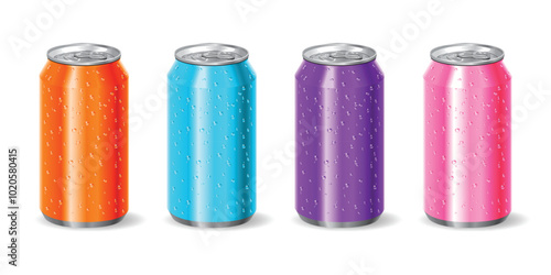 aluminum drink soda cans with water droplets set of 4 pink purple blue orange vector 