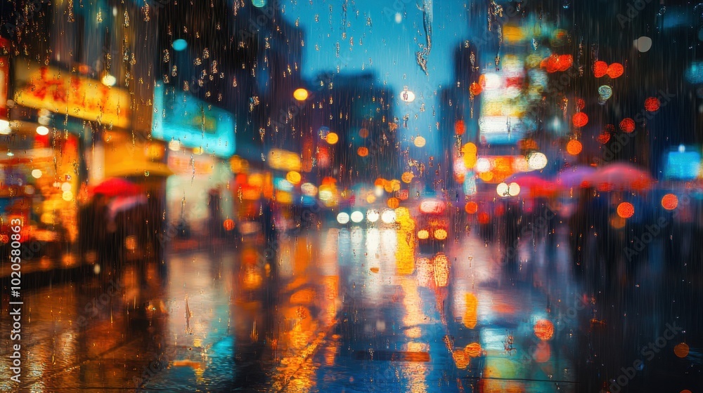 Fototapeta premium Blurred city streets at night under a soft rain, with colorful bokeh lights creating a dreamy, cinematic mood perfect for an urban evening scene