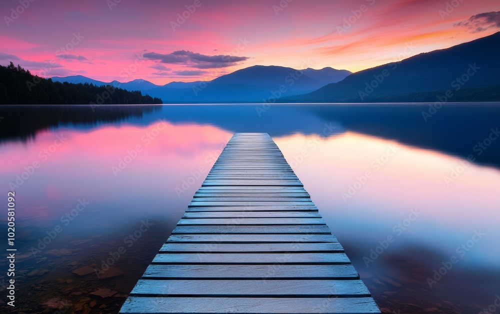 Obraz premium Long wooden dock stretching into a calm lake at sunset, vibrant pink and purple skies reflecting on the water, perfect for peaceful landscape photography or travel inspiration