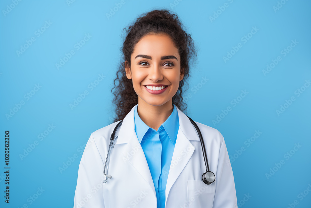 Portrait of a smiling Latina doctor wearing a white coat and stethoscope on a blue background.. Portrait of a smiling Latina doctor wearing a white coat and stethoscope on a blue background..